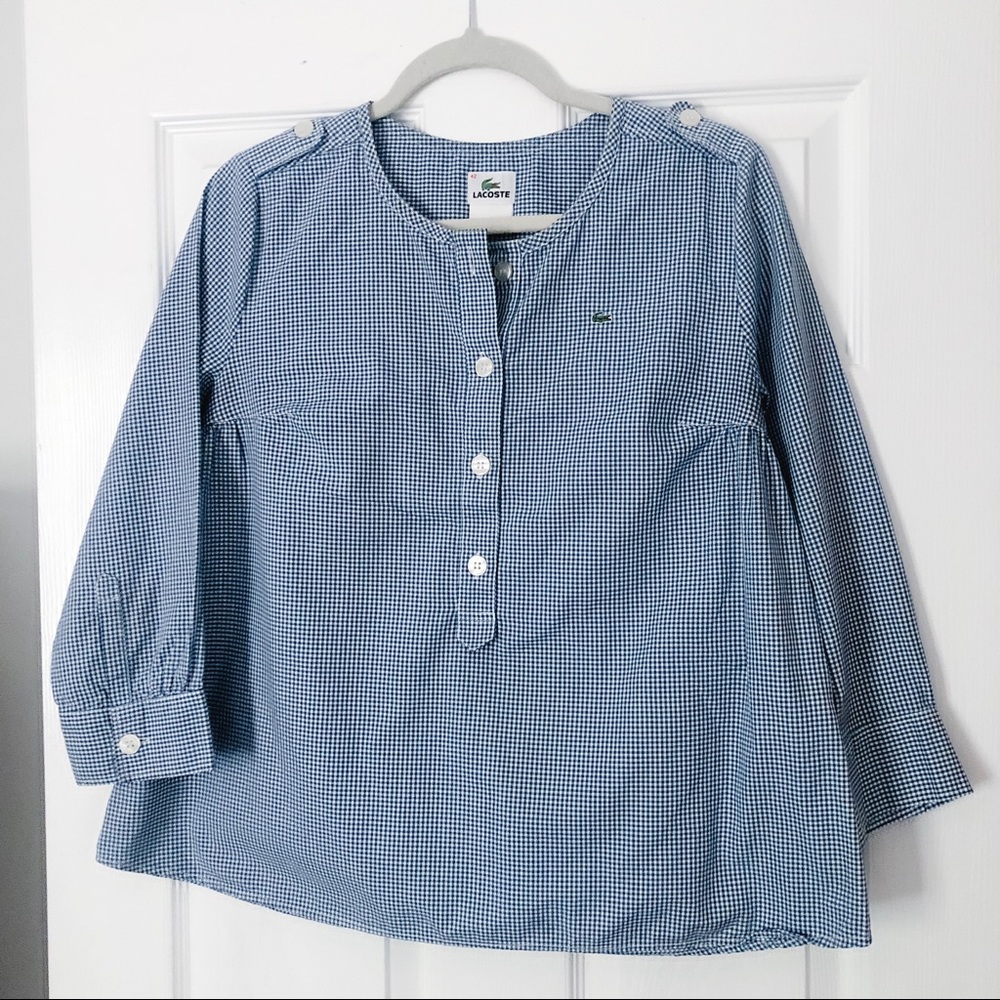 Navy and White Gingham Lacoste Button Blouse